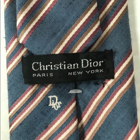 DIOR Tie Denim Blue Rose Tan Cream Skinny Striped - Picture 2 of 11